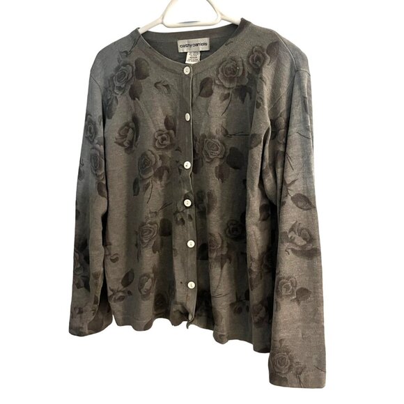 Cathy Daniels Womens Medium Gray Rose Print Button Up Cardigan - Picture 3 of 7